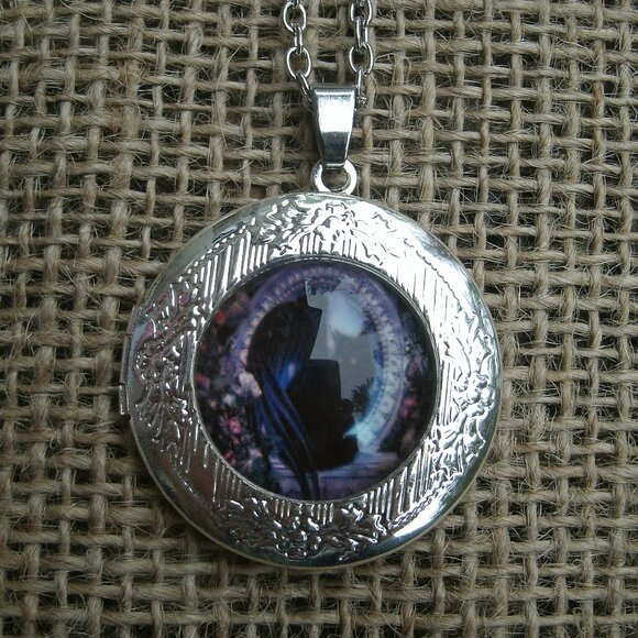 Black Angel Cat Locket Pendant Necklace - Picture 1 of 14